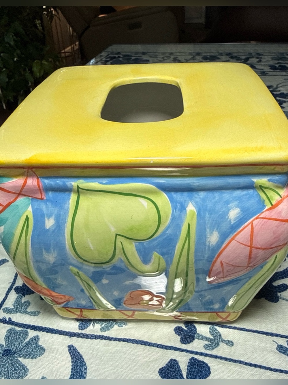 Hand-Painted Ceramic Tissue Box Cover in Yellow and Blue